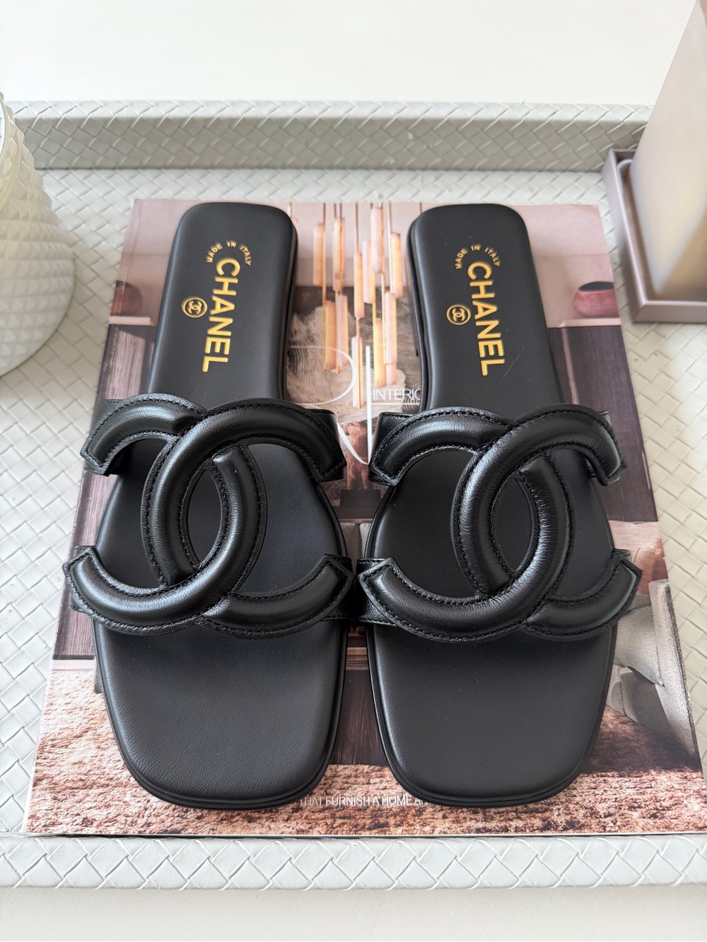 Chanel SS 26 Blazy Black Leather Lambskin CC Logo Slides Flat Mules Sandals 38.5